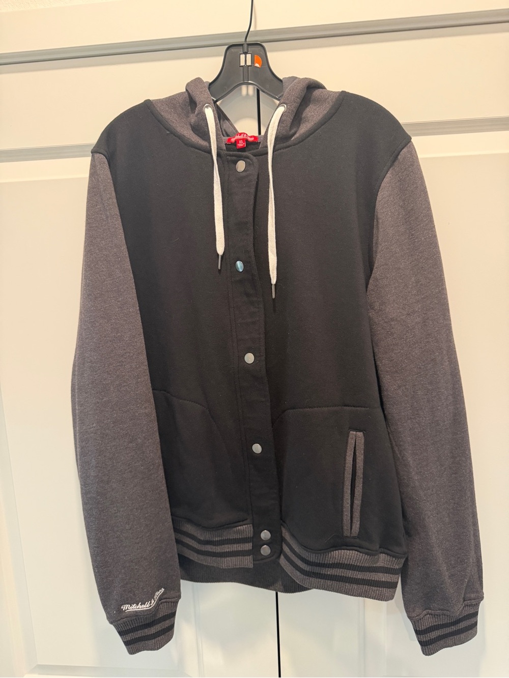 NWOT- Mitchell & Ness Black and Gray Hooded Varsity Jacket